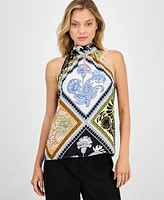 T Tahari Women's Printed Halter-Neck Keyhole Blouse
