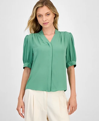 T Tahari Women's Split-Neck Covered-Placket Woven Top