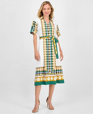 T Tahari Women's Printed Elbow-Sleeve Tie-Waist Split-Neck Midi Dress