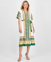T Tahari Women's Printed Elbow-Sleeve Tie-Waist Split-Neck Midi Dress