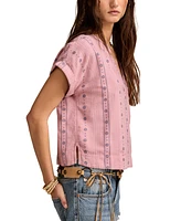 Lucky Brand Women's Embroidered Cotton Cuffed-Sleeve Top