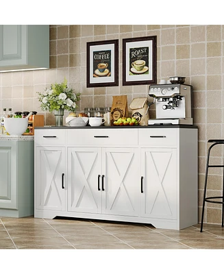 55"Modern Farmhouse Sideboard Cabinet with 4 Doors & Drawers, Rustic White Wood Coffee Bar Buffet with Adjustable Shelves, Kitchen Storage Cabine