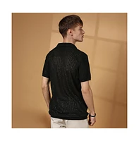 Campus Sutra Men's Raven Black Textured-Knit Polo T-Shirt