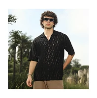 Campus Sutra Men's Onyx Black Honeycomb-Knit Polo T-Shirt