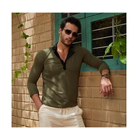 Campus Sutra Men's Olive Green & Obsidian Black Textured Cuban Polo T-Shirt