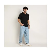 Campus Sutra Men's Onyx Black Tactitle Spread-Polo T-Shirt