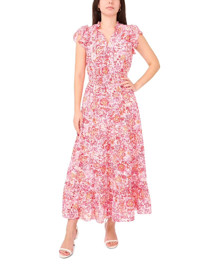 Sam & Jess Petite Printed V-Neck Smocked-Waist Maxi Dress