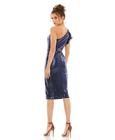 Women's Sequined Flutter One Shoulder Fitted Midi Dress