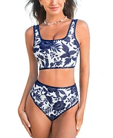 Cupshe Women's Scoop Neck Tank Wide Straps Midkini Stitching Bikini Sets