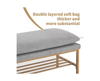 End of Bed Bench with Shelf, Linen Upholstered Storage Shoe Bench, Modern Bedroom Bench with Metal Legs for Living Room, Entryway, Dining Room, 300 Lb