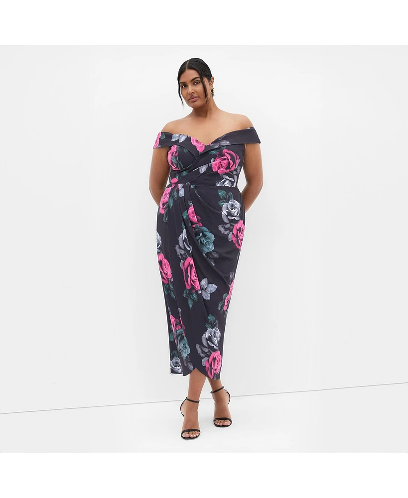 City Chic Plus Claire Print Off Shoulder Dress