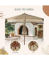 LAGarden Boho 9' Fringe Patio Umbrella with Tassels UPF50+ Boho Style 5-Year-Non-Fading for Outdoor Yard Market Mocha Meander
