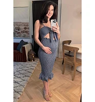 Pinkblush Maternity Blue Gingham Print Smocked Fitted Self-Tie Midi Dress