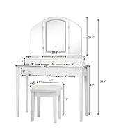 Vanity Table Stool Set with Large Tri-folding Lighted Mirror
