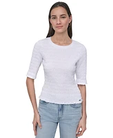Dkny Jeans Women's Smocked Cotton Elbow-Sleeve Top