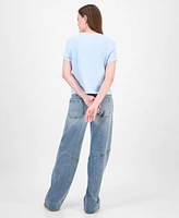 Madden Girl Juniors Tailgate Club Graphic T Shirt Celebrity Pink Slouchy Skater Wide Leg Jeans