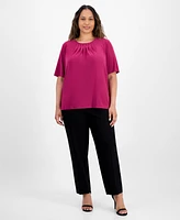Kasper Plus Elbow-Sleeve Pleated-Neck Top