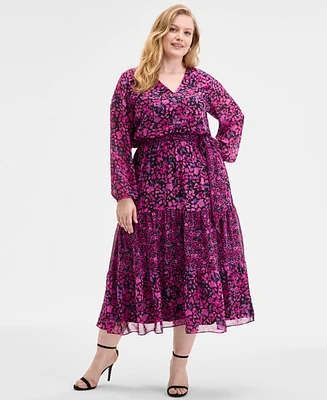 Kasper Plus Printed Blouson-Sleeve Midi Dress
