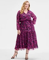 Kasper Plus Printed Blouson-Sleeve Midi Dress