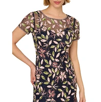 Adrianna Papell Women's Vine Sequin Short Sleeve Mesh Gown