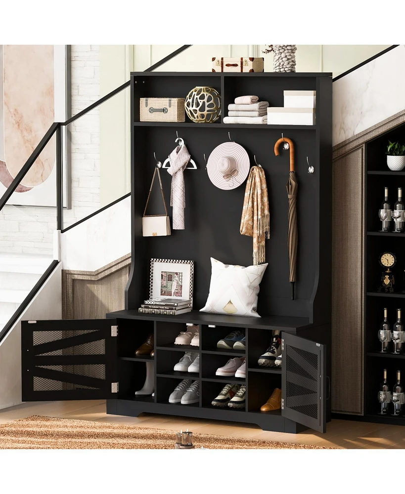 Entryway Bench with Coat Rack & Adjustable Shelves