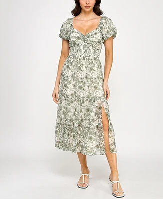Trixxi Juniors' Printed Sweetheart Slit Puff-Sleeve Midi Dress