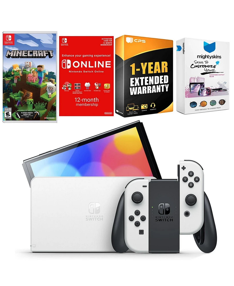 Nintendo Switch White Oled Console with Minecraft: Switch Edition, Nso 12 Month Family Membership, MightySkins Console and Controller Skin Voucher