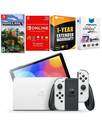 Nintendo Switch White Oled Console with Minecraft: Switch Edition, Nso 12 Month Family Membership, MightySkins Console and Controller Skin Voucher