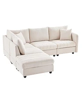 Mondawe 89x79"Modern Sectional Sofa with Vertical Stripes,2 Pillows,5-Seat Couch Convertible Ottoman,Various Combinations,L-Shape Indoor Fur