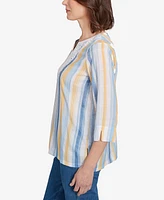 Alfred Dunner Petite Flower Power Striped Detail Button Front Top
