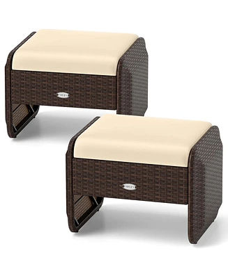 2 Pieces Outdoor Patio Pe Wicker Ottomans with Removable Cushions Footstools