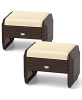 2 Pieces Outdoor Patio Pe Wicker Ottomans with Removable Cushions Footstools
