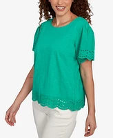 Ruby Rd. Petite Embroidered Sleeve Solid T-Shirt