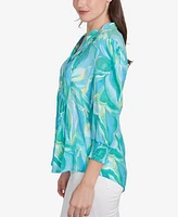Ruby Rd. Petite Abstract Tropical Silky Button Front V-Neck Top