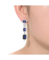 Sterling Silver with White Gold Plated Colored Cubic Zirconia Halo Three-Tier Earrings