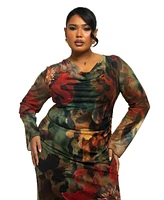 Fashion-szn Curve Plus Long Sleeve Floral Print Mesh Maxi Dress