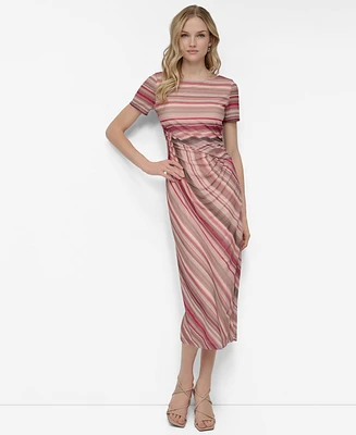 Dkny Women's Mesh Striped Side-Knot Boat-Neck Midi Dress
