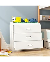 Multi-purpose changing table with three drawers, baby changing station with changing table top and drawers, white wood