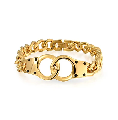Bling Jewelry Biker Jewelry Interlocking Handcuff Bracelet with Padlock Curb Chain Stainless Steel
