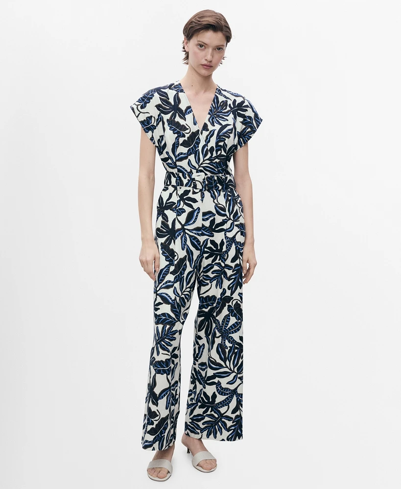 Mango Women's Belt Printed Linen Jumpsuit