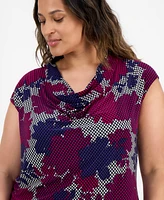Kasper Plus Cowlneck Cap-Sleeve Top