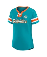 Fanatics Women's Aqua Miami Dolphins True Catch Iconic Rhinestone Bling Athena Lace-Up T-Shirt