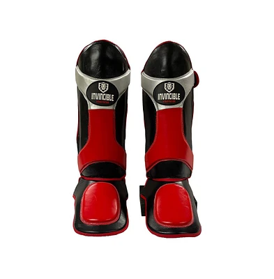 Invincible Shin & Instep - Premium Synthetic Leather Shin Guards for Muay Thai, Mma, Martial Arts Training & Sparring,Black/Red/Silver