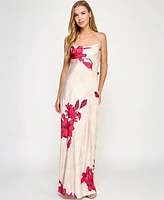 Seni & Cade Juniors' Floral-Print Satin Spaghetti-Strap Gown