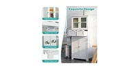 4 Door Freestanding Bathroom Floor Storage Cabinet with 2 Drawers and Glass Doors