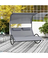 Gymax Outdoor Double Chaise Rocker Rocking Daybed Sun Lounger w/ Sun Shade Canopy