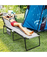Gymax Folding Chaise Lounge Portable Lay Flat Reclining Chair w/ 4-Level Backrest Side Pocket Gray
