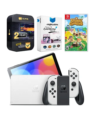Nintendo Switch White Oled Console with Animal Crossing: New Horizons, MightySkins Console and Controller Skin Voucher, and 2 Year Cps Extended Warran