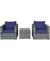 Gymax 3PCS Rattan Patio Conversation Furniture Set Outdoor Yard w/ Navy Cushion