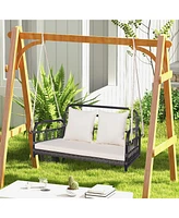 Gymax Outdoor Wicker Porch Swing 2-Person Hanging Seat w/ Seat & Back Cushions Backyard